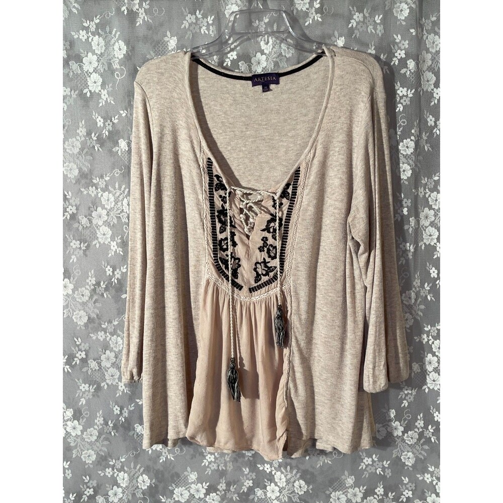 Artesia Boho Peasant Blouse Size XL Rayon Long Sleeve Beige Embroidered Hippie